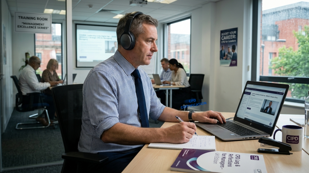 CPD certificate vs degree — manager completing a CPD-accredited leadership course online in a professional training room