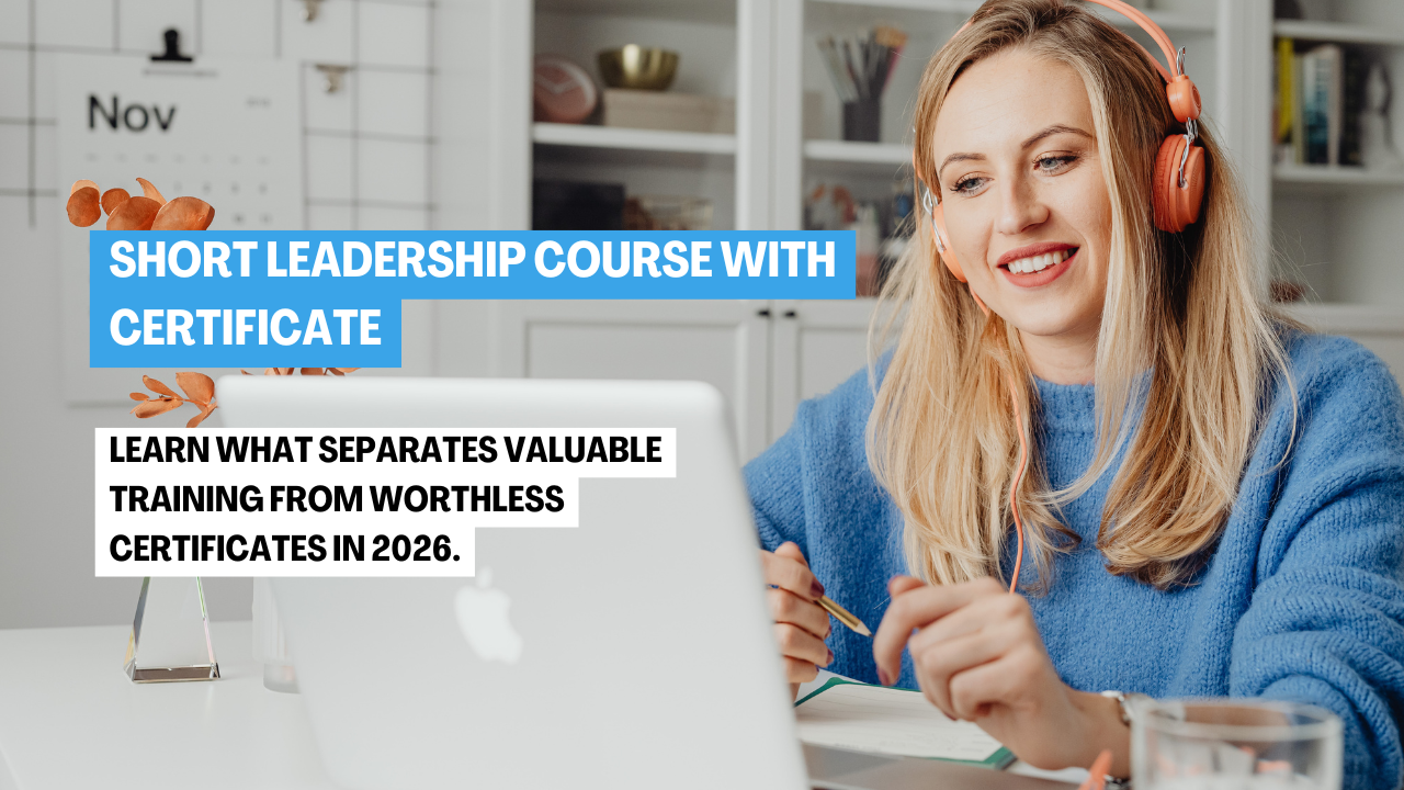Professional comparing short leadership course with certificate online options on laptop