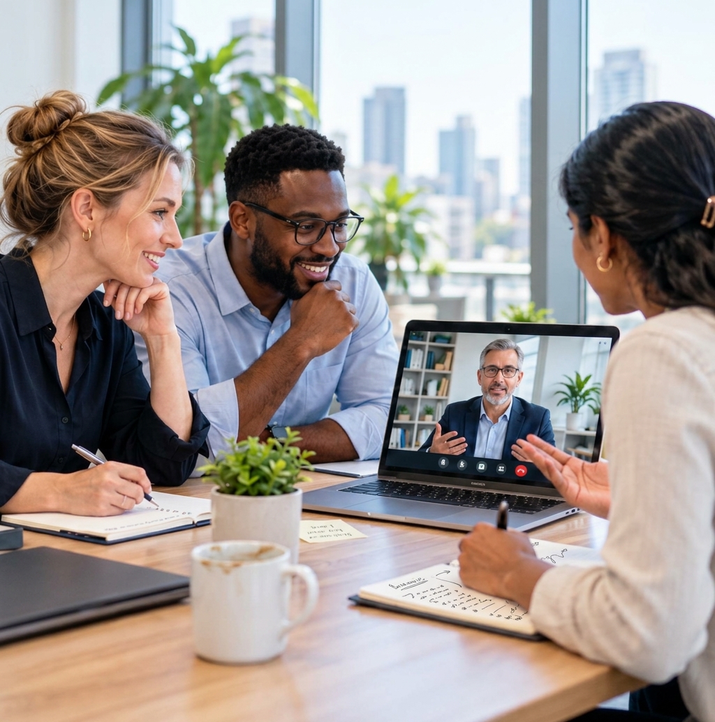 Colleagues taking part in a live online training session with a trainer on a laptop